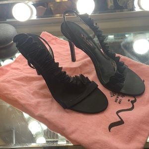 Nina black heels ruffle strap 4 “ heel